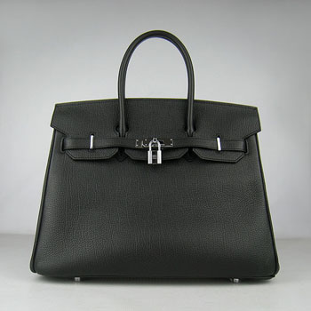 Hermes Birkin 35Cm Cattle Skin Stripe Handbags Black Silver